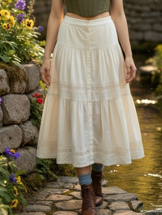 Tristan & Iseut Dresses & Skirts - Vintage 1970's Tristan et Iseut 100% Cotton Bohemian Tiered Maxi Skirt in Cream